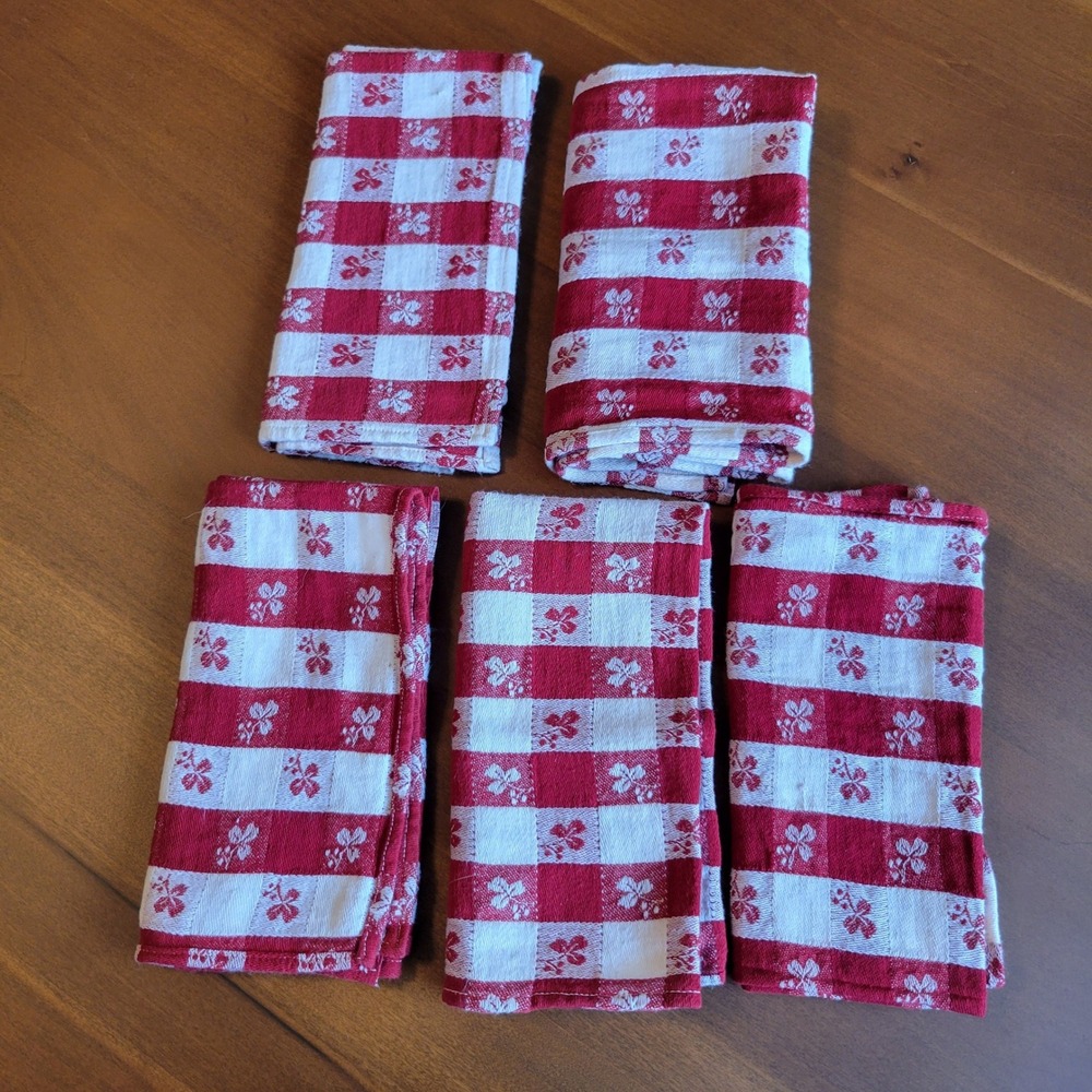 VTG Red White Gingham Floral Damask Clover Cloth Napkins Set of 5 Farmhouse Dcor